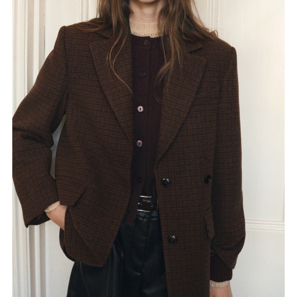 MNG Mango Brown Wool Thick Blazer Coat Size XLarge Oversize Dark Academia